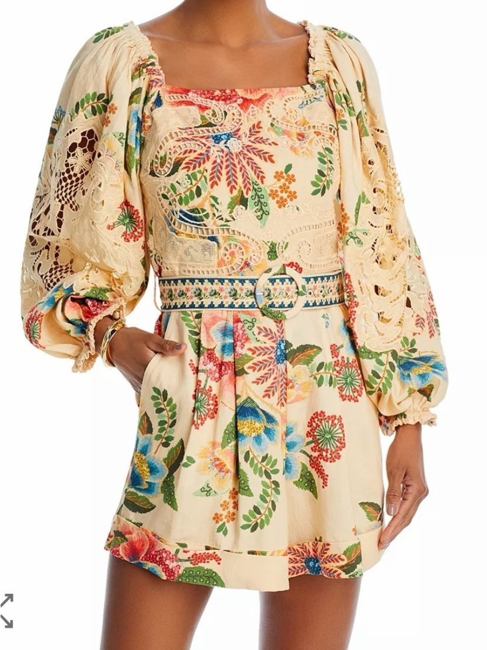 FARM Rio Delicate Garden Floral Puff Sleeve Belted Romper XL